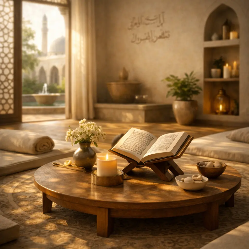 Open Quran on a wooden stand in a sunlit room