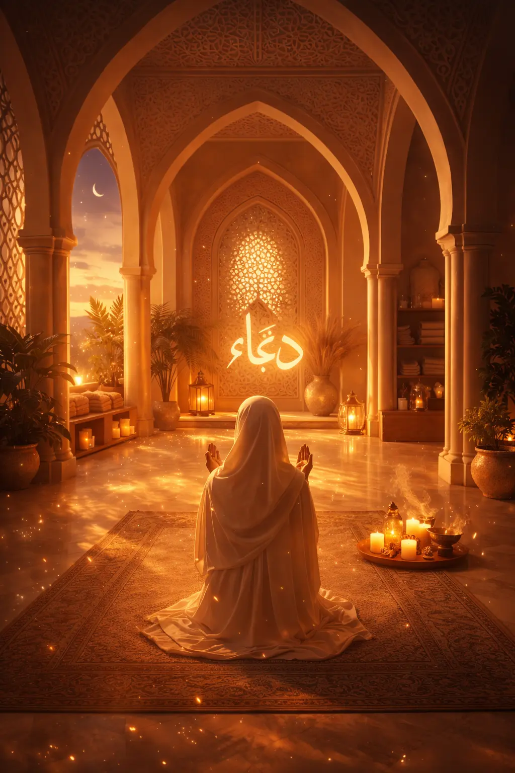 Illustration of a person seated in prayer beneath illuminated arches