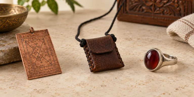Talismans, an amulet and a ring shown for awareness